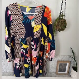Vibrant Geometric and Leaf Print Dress